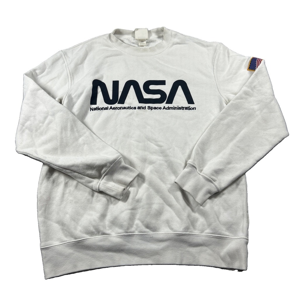 NASA Crewneck Men's Medium White H&M Sweater Chest logo Pullover Relaxed Fit